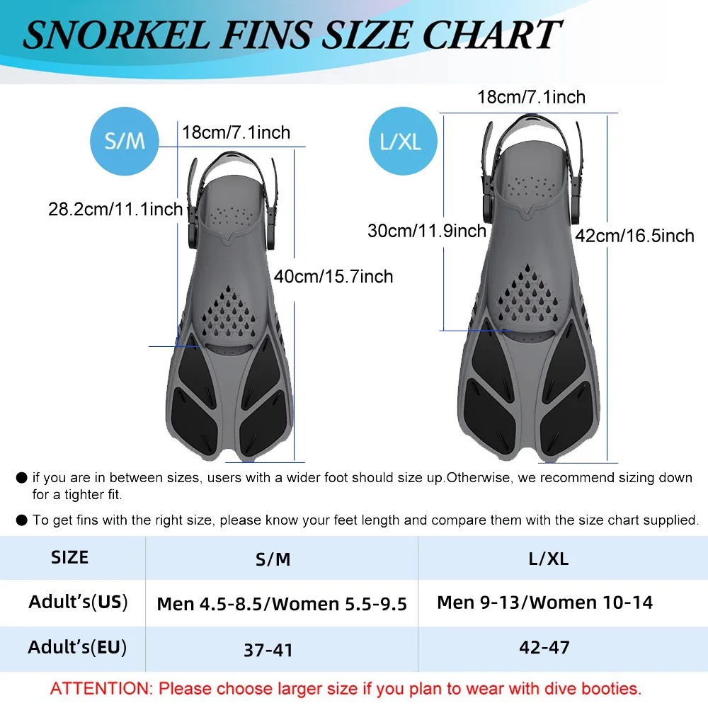 Snorkel Fins Swimming Flippers Adjustable Buckles Short Silicone Scuba Diving Shoes Open Heel Travel Size Adult Men Womens 6