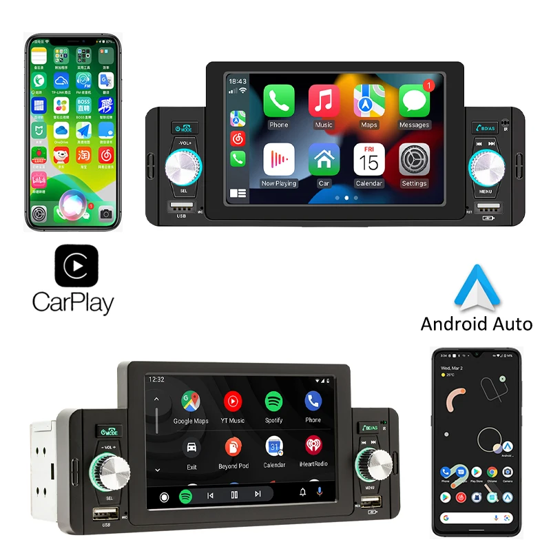 1 Din 5" Car Radio Apple CarPlay Android Auto, Hands-Free Bluetooth 5.1, Reversing Camera Input USB/FM/MP5 Player Headunit F160C - 4