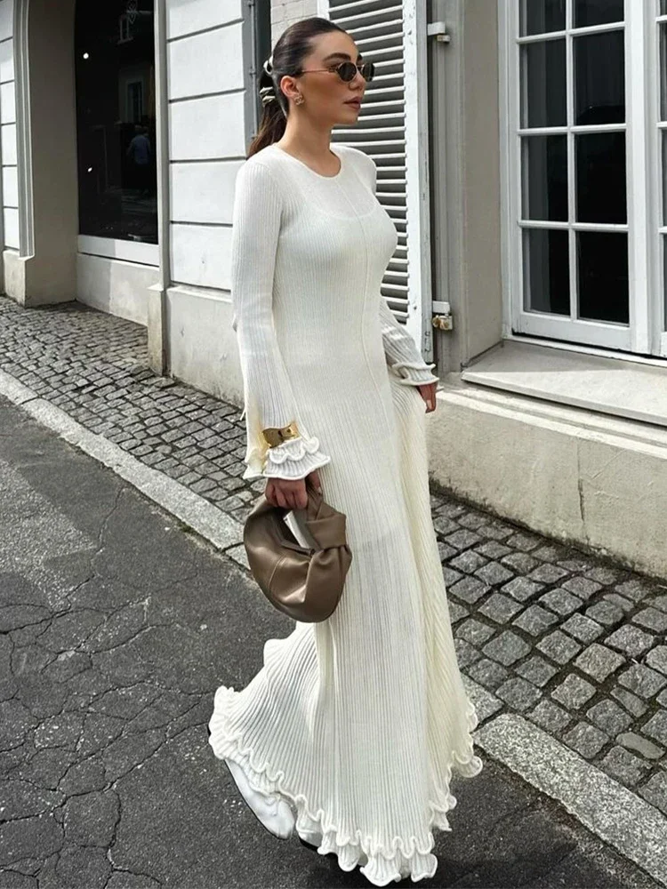 Autumn Ruffled White Maxi Dress Women Backless Lace-Up Slim Ribbed Long Sleeve Patchwork Dress Knitwear Female Long Dress