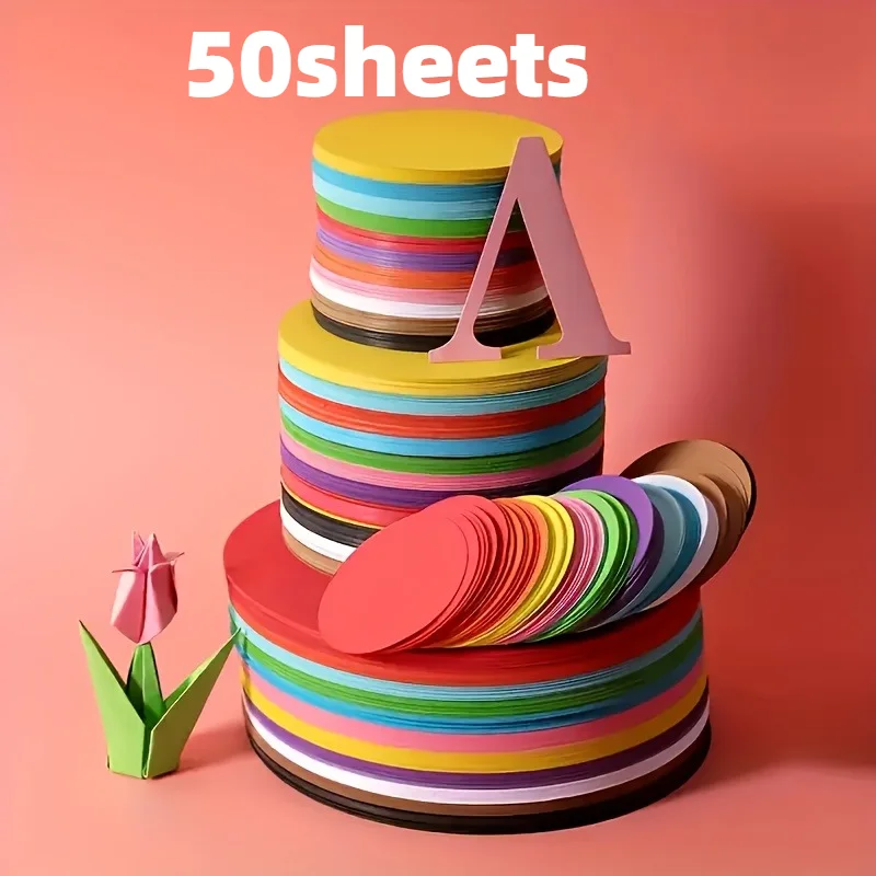 50 fogli di carta colorata rotonda, colori vivaci, ideale per disegnare, lavori fai da te, collage, perfetta per attività creative.