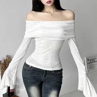 Y2k Aesthetic Simple Fashion Women's Tee Shirts Slash Neck Long Sleeve Solid Casual T-Shirts Vintage Off Shoulder Trendy Tshirts 4