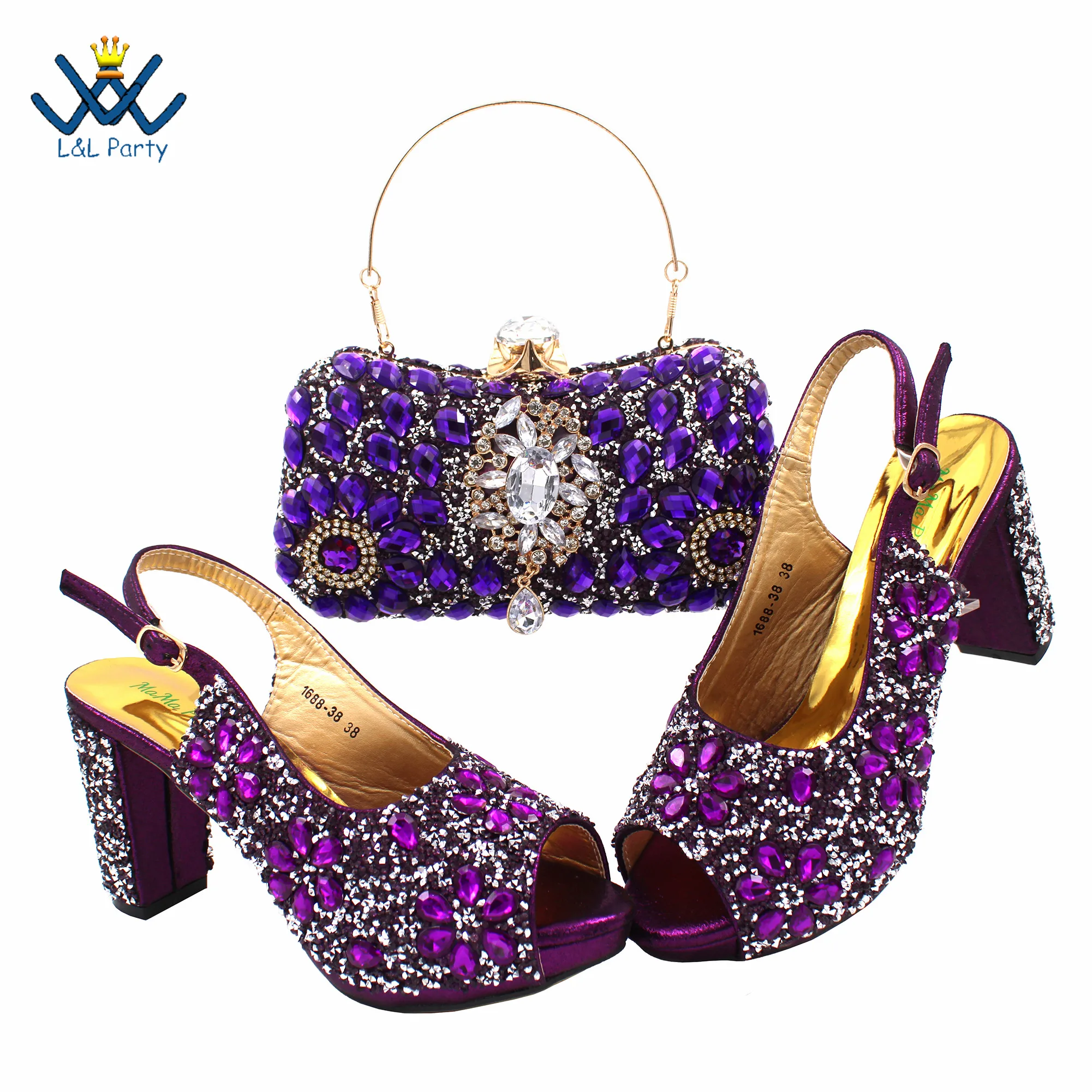 INS Hot Sale Full Crystal Shinning Shoes and Bag Set for Dress in Purple Color 2024 Fashion New Arrivals Sandals Christmas Party