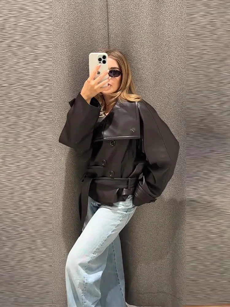 Giacca vintage in ecopelle da donna Colletto rovesciato solido Cappotti monopetto 2025 Cappotto casual chic da donna all'inizio dell'autunno 4