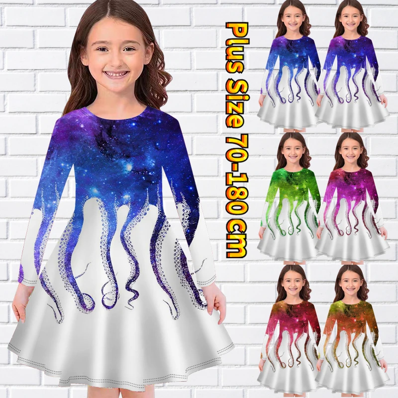 

2023 Autumn Little Girl Fashion Abstract Print Party Skirt Spring Long Sleeve Skirt Round Neck Casual Loose Knee-length Skirt