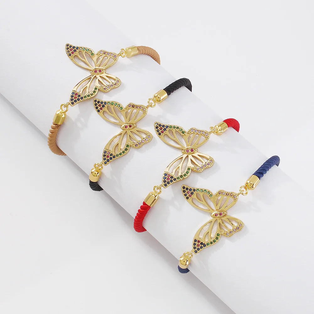 

Multicolor Rainbow Cubic Zirconia Crystal Gold-plated Lovely Butterfly Charm Bracelet Women Rope Cord Cute Animal Jewelry Gift