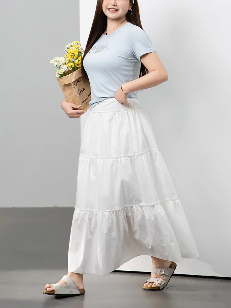 Plus Size Women's Sets Preppy Style Casual Little Fox hollowed-out Embroidered short-sleeved T-shirt And White Cake Long Skirt