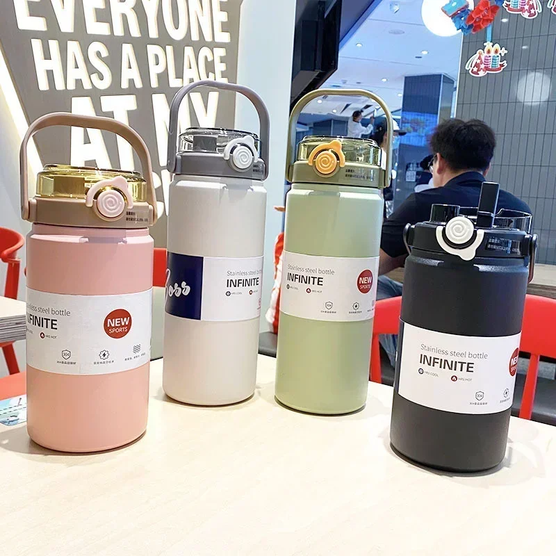 Hot 1.2L Large Capacity Thermo Bottle with Straw Stainless Steel Thermal Water Bottle Keep Cold and Thermos Cup Vacuum Flask