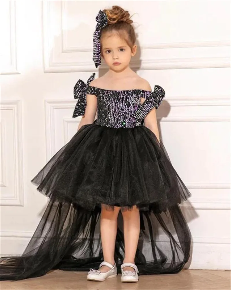 

1-14 Years Black Tulle Flower Girls Dress Princess for Kid Child Wedding Party Juniorbridesmaid Ball Gown Evening Dress
