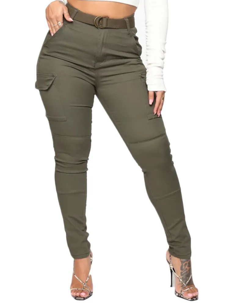 Dressmecb Solid Black Casual Trouser Women Pockets HIgh Waist Button Long Pencil Pants Autumn Streetwear Loose Cargo Pants 2021 cargo pants Pants & Capris