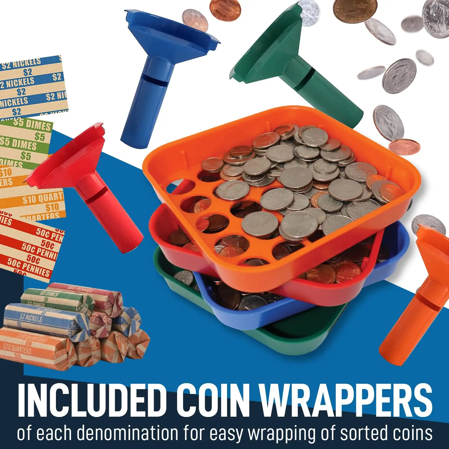 Sort and Wrap Set-4 Wrap Coin Tubes and 4 Quick Sort Coin Trays, Color-Coded (with Wrappers)