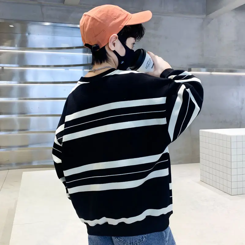 Kids Sweater Hoodie Sweatshirts Spring Autumn Boys Cotton Loose Contrast Striped School Track Pullover Tops 5-16 Years