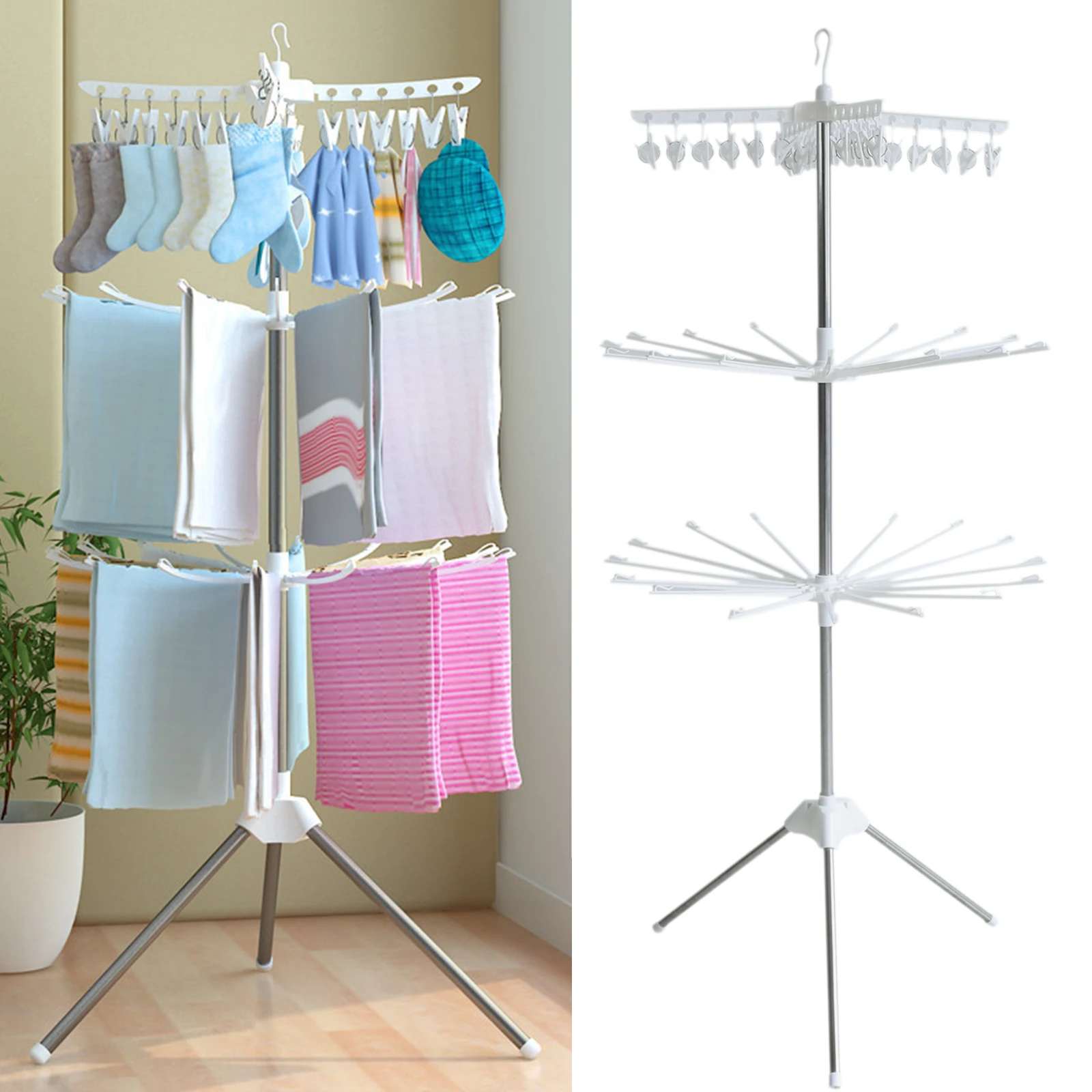 

3-Layer Clothes Rack Metal Tripod Laundry Coat Hanger Foldable Clothes Stand w/Pedestal Stainless Steel Clothes Drying Rack
