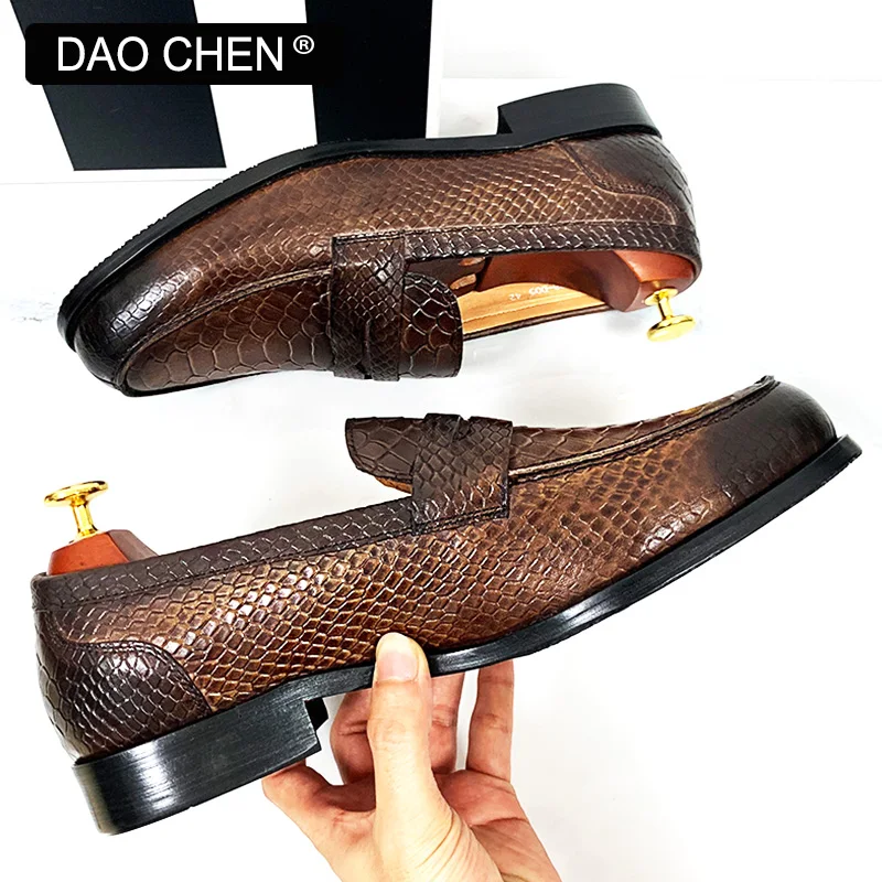 BRAND LEATHER BROWN BLACK SLIP ON SNAKE PRINT MEN'S CASUAL SHOES WEDDING OFFICE BANQUET casual loafers men_voghion.com