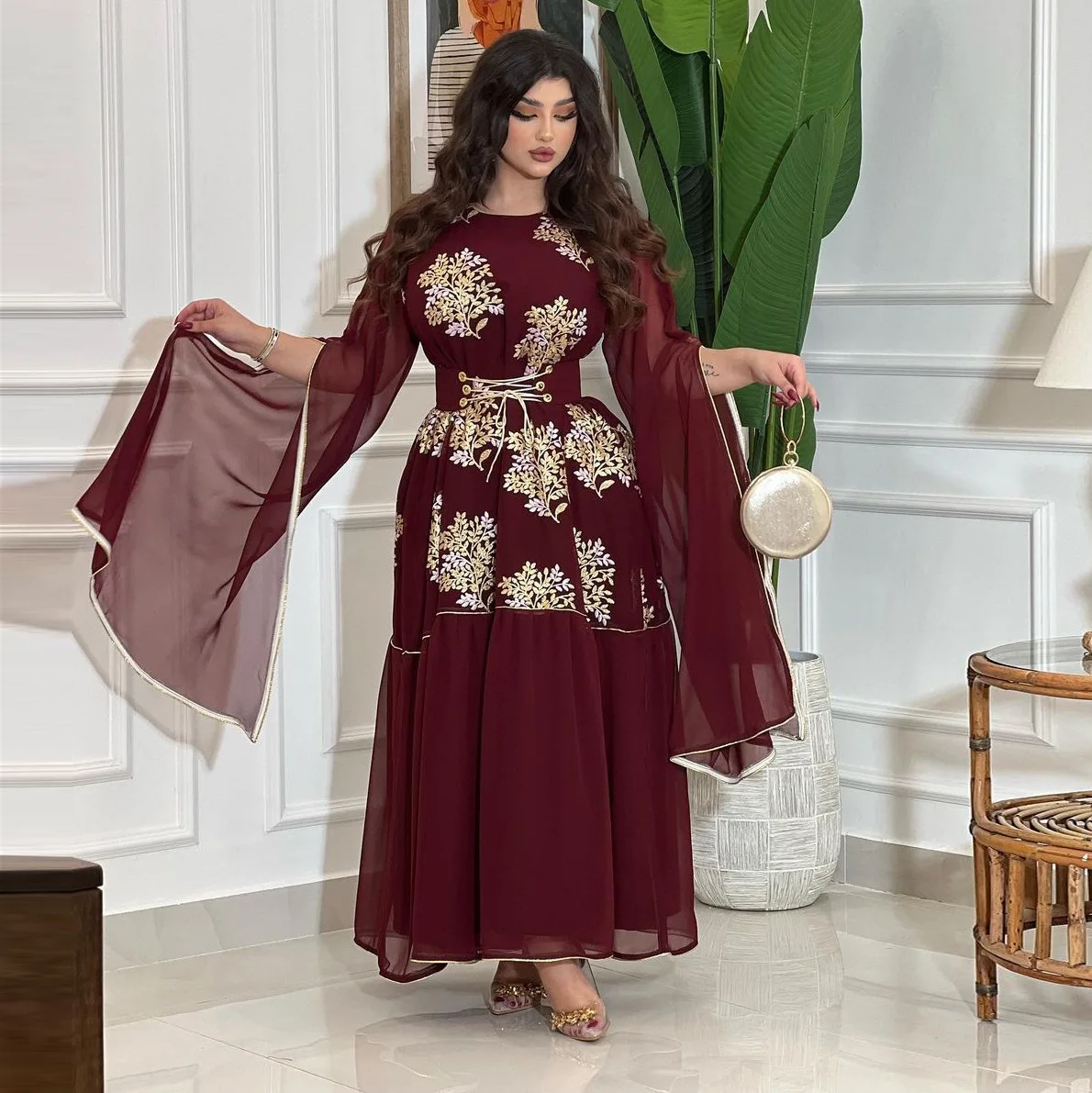 Women Embroidery Belted Evening Moroccan Kaftan Mesh Covering Long Sleeve Dubai Abaya Turkish Dress Party Robe Musulman