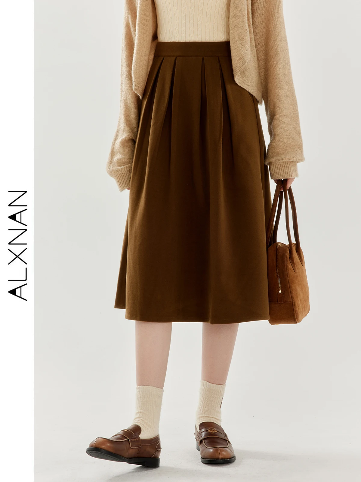 ALXNAN Elegant Brown Pleated Skirt For Women 2024 Autumn Winter New High Waist Midi A-Line Skirt Office Lady Outfit TM00803