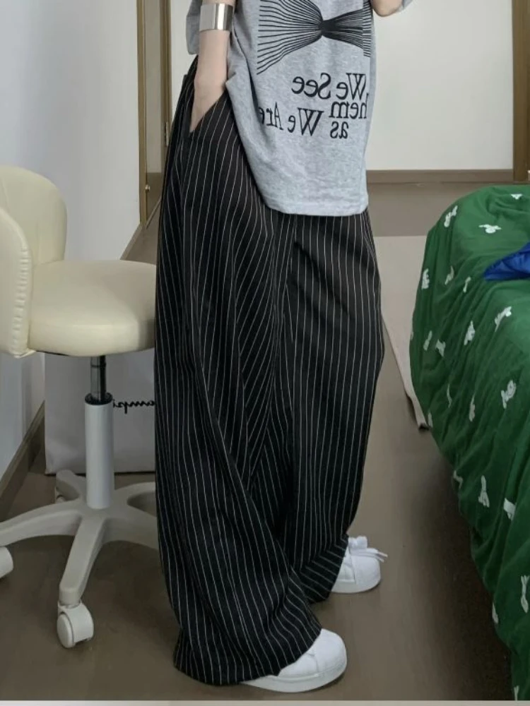 ADAgirl Black Stripe Tailored Trousers Women Y2k Korean Style Fashion Baggy Wide Leg Suit Pants Summer Harajuku Office Slacks