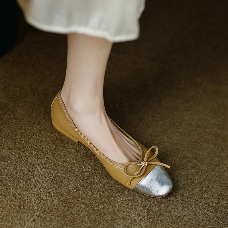 

Round Toe Walk Footwear Classic Style Women Flats Cowhide Pregant Soft Loafers Slip On Woman Ballet Shoes Bowtie Women Flats