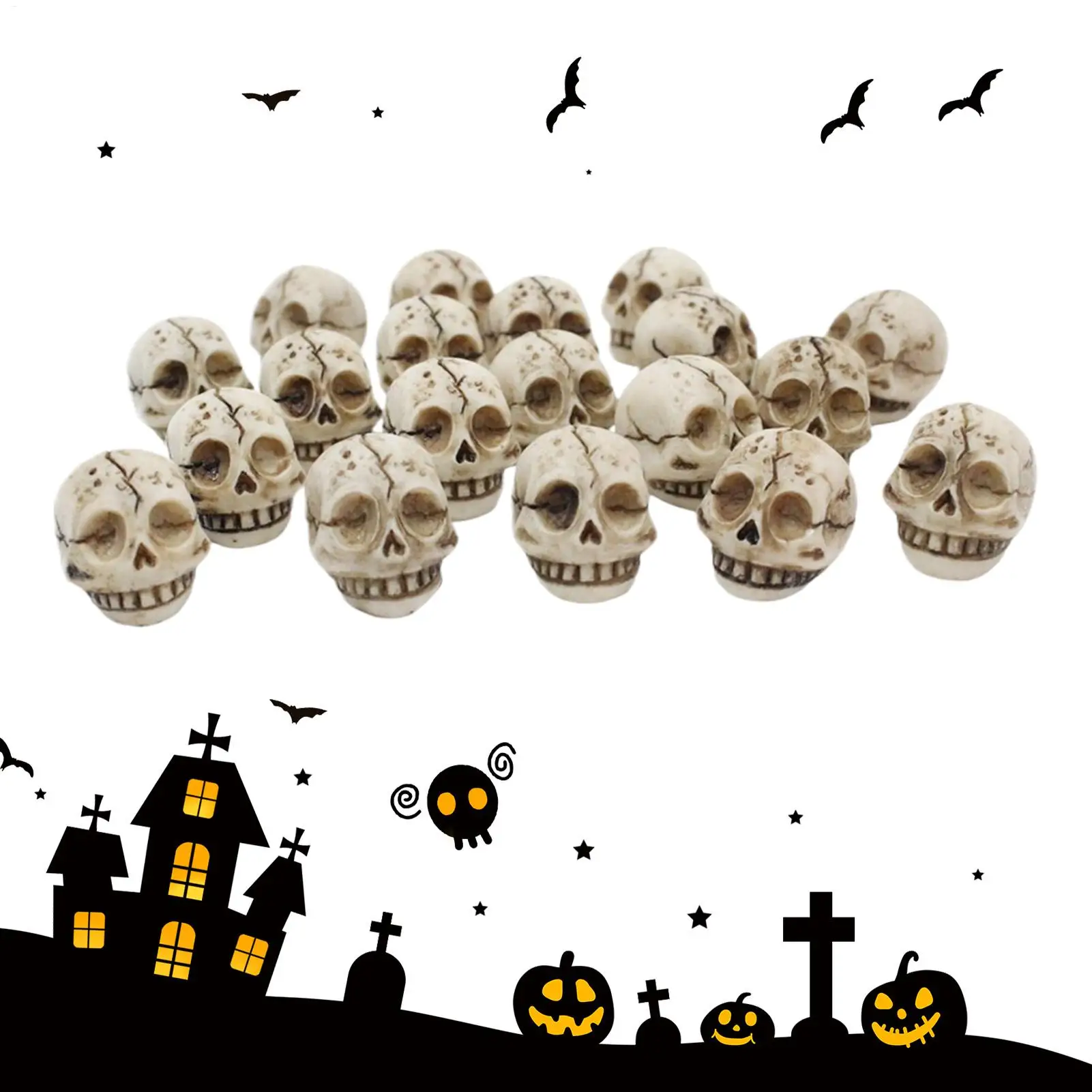 20Pcs Skull Figurine Skull Sculpture Mini Resin Prank Toys for Miniature Landscaping Plant Pot Halloween Festival Garden Decor