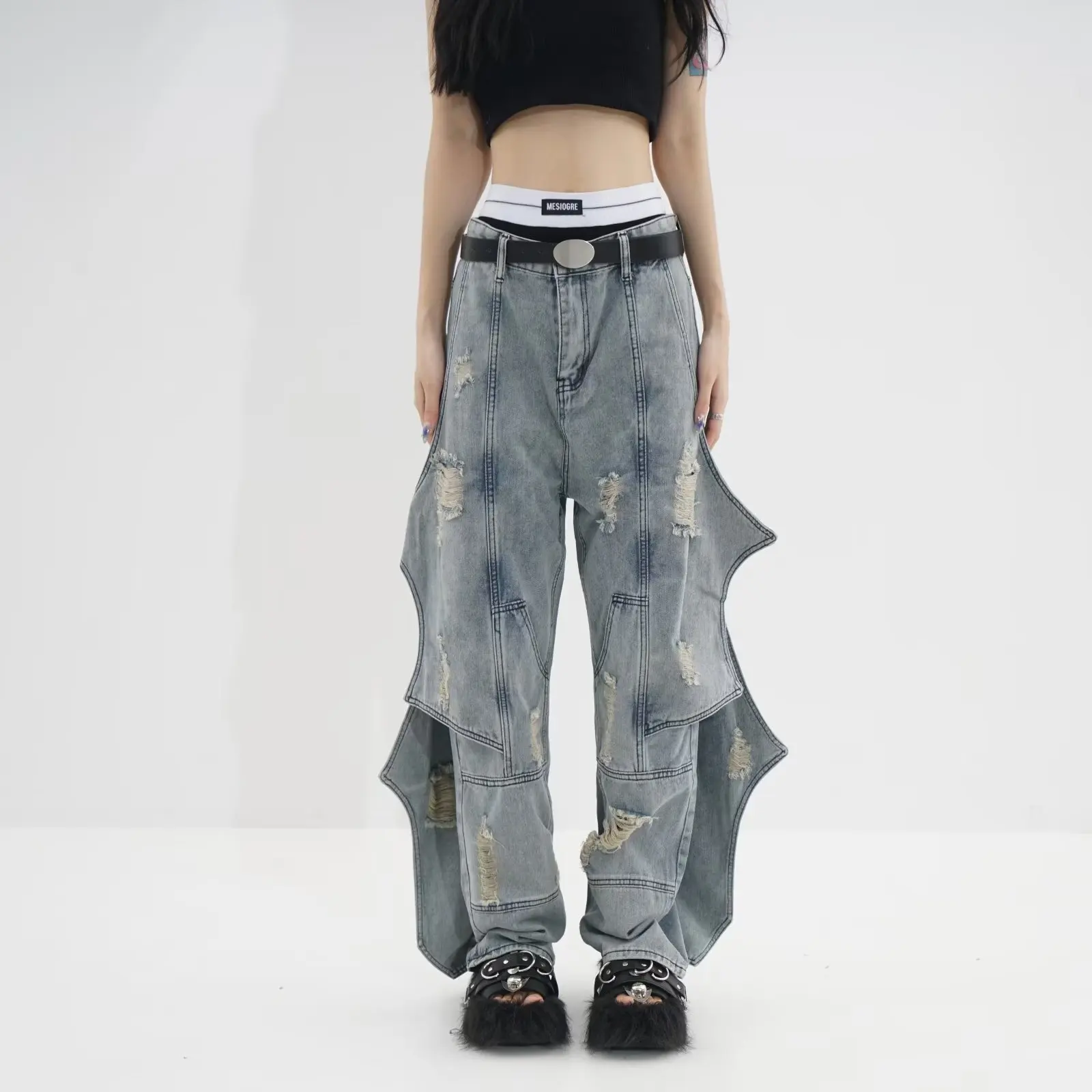 Splicing Straight Jeans 2023 High Street Female Fashion Gothic Clothing Y2K Streetwear Wide Leg Baggy Jeans Pants Harajuku Woman