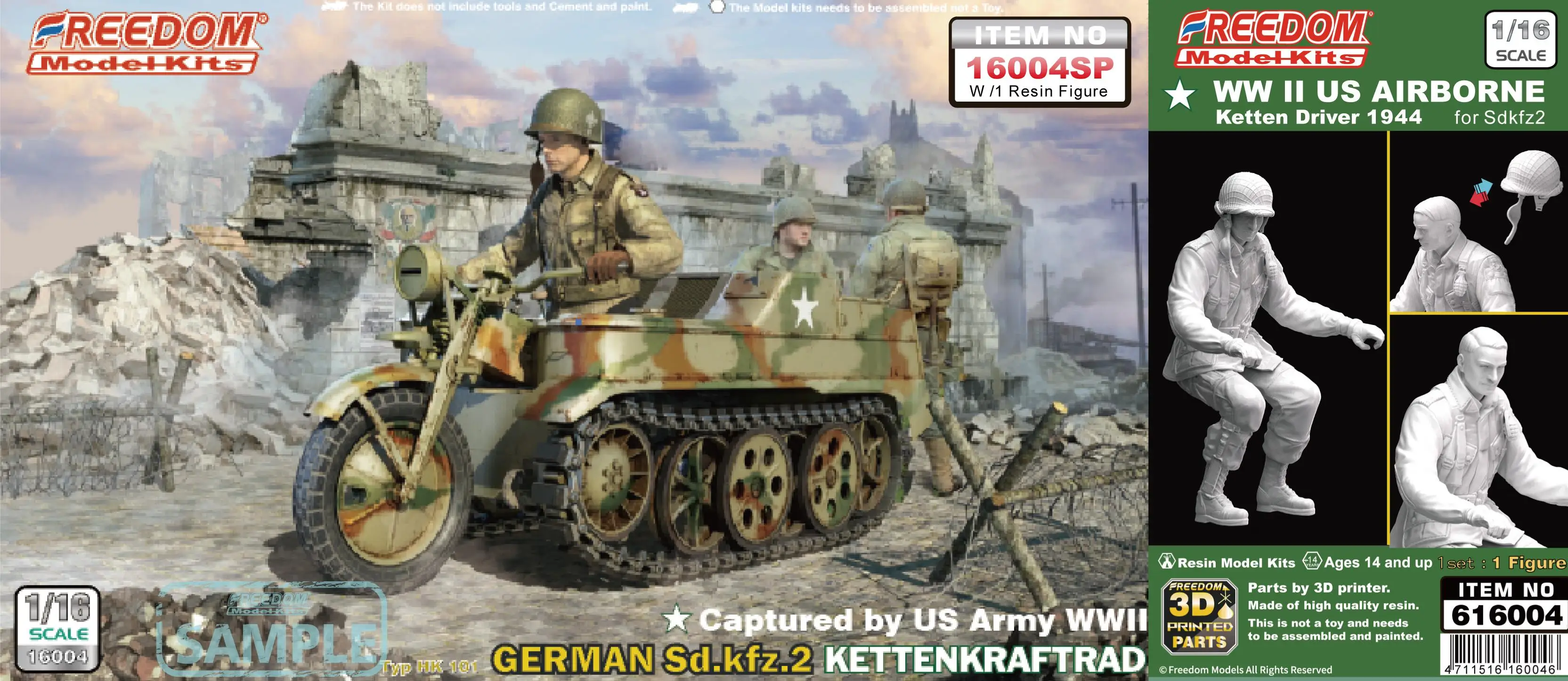 

FREEDOM 16004SP 1/16 Scale Captured by US Army WWII German Sd.Kfz.2 Kettenkraftrad +US AIRBORNE Ketten Driver Set