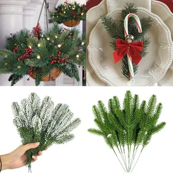 20/10pcs Artificial Snow Pine Branch Artificial Pine Needles Garland Fake Plant Christmas Decoration for Home New Year Xmas Gift 1