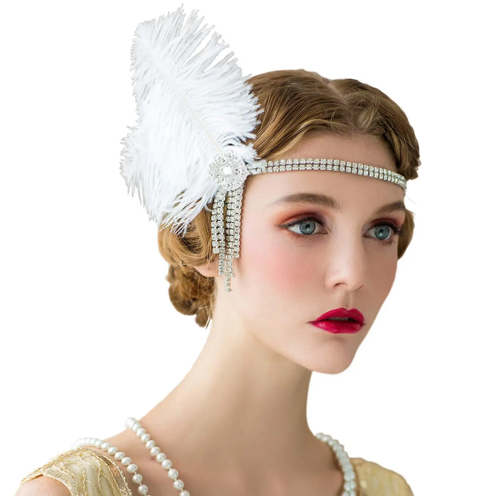 

Женская повязка на голову с перьями и кисточкой стразы 1920 Gatsby Flapper Girl винтажная повязка для волос Showgirl с кристаллами вечерний Королевский головной убор