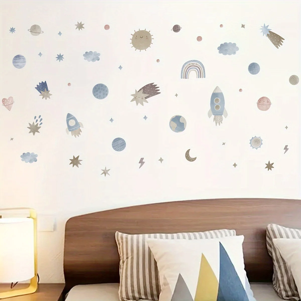 Cartoon Color Rocket Planet Meteor Moon Space Theme Luminous Wall Stickers Vinyl Decal Stickers for Bedroom Living Room Nursery Decoration