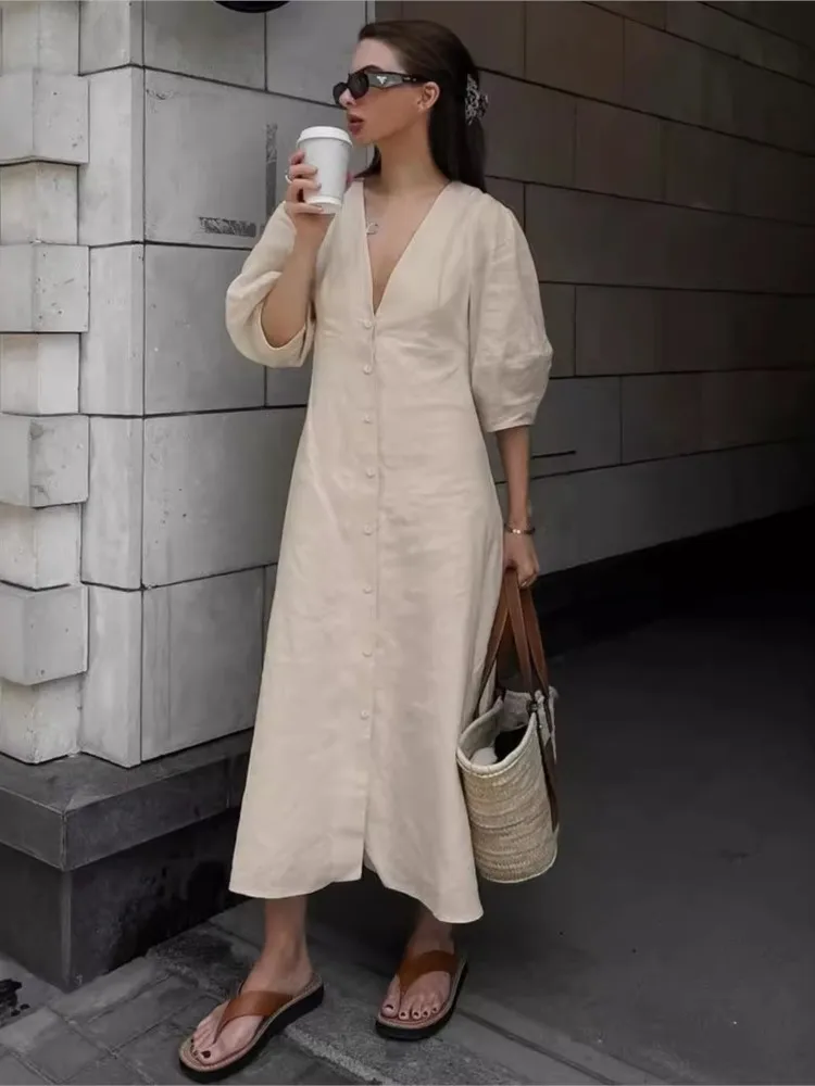 Abito lungo elegante stile maturo leggero Abito lungo in cotone e lino con scollo a V maniche a palloncino Abito con cintura sottile senza schienale Abito lungo stile primavera autunno - immagine 4
