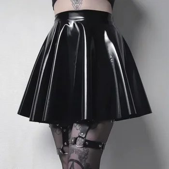Womens Shiny PVC Patent Leather Skirt Sexy Wet Look Leather Pleated Skirt Front Bodycon Elastic Latex Mini Short Skirt 1