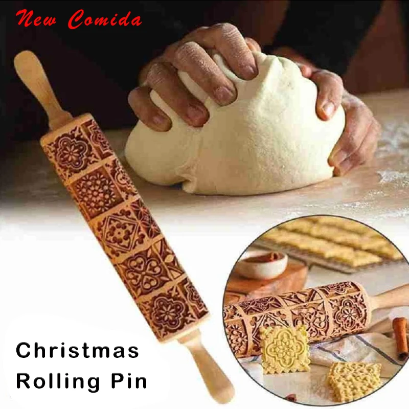 

Embossing Rolling Pin Wooden Christmas Sugar Flipping Biscuit Embossed Cookie Scroll Roller For Baking Kitchen Decor Tools NC41