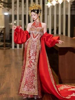 High-end custom tail-end new Chinese-style cheongsam shawl traditional Chinese style fashionable wedding dress