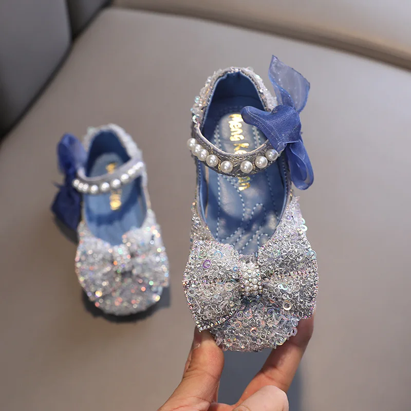 Girls shoes leather shoes girls flats AINYFU spring kids glitter pearl flat princess lace bow wedding soft bottom dance shoes
