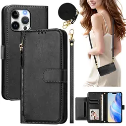 Crossbody Leather Shoulder Wallet Case with Zipper and 7 Card Slots - Book Flip Cover for Motorola Edge 40 Pro (Black)
