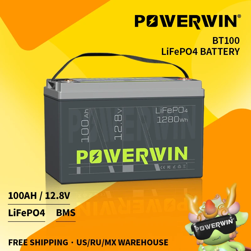 POWERWIN 12.8V 100Ah LiFePO4 BT100 1280Wh Off-grid System Fish Radar Detector Built-in BMS Solar Power 4000+Deep Cycle