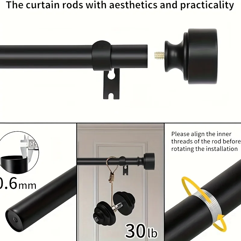 Heavy-Duty Adjustable Black Curtain Rod Set-1 Inch Thick, Single Telescoping Drapery Rod for Bathroom & Living Room Decor