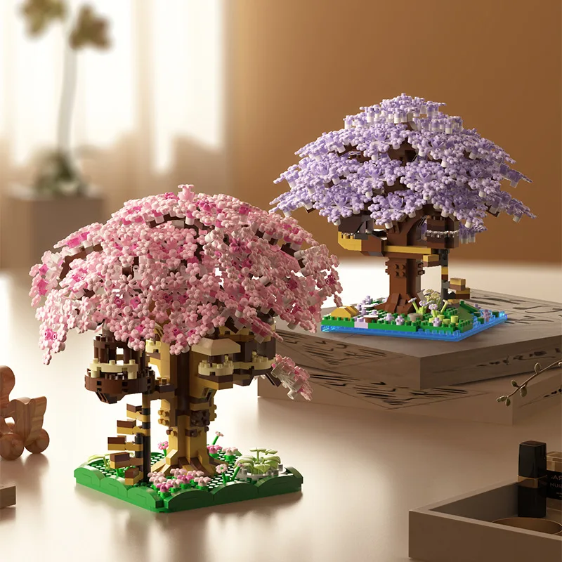 Pink cherry tree house building micro-particle building block