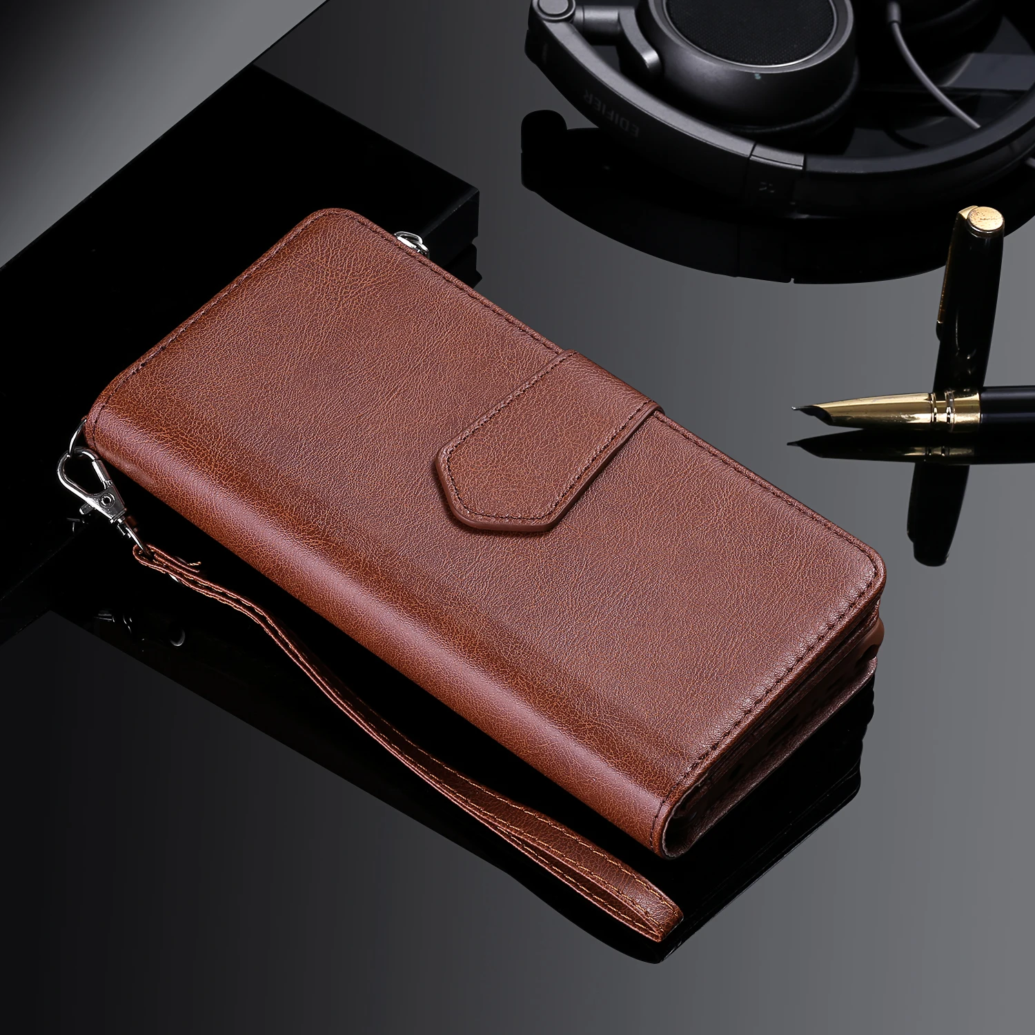 Zipper Leather Wallet with Magnetic Detachable Case and Card Slot Cover