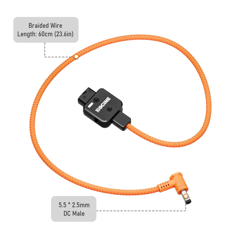 ZGCINE D-Tap - 5.5*2.5mm DC 커넥터 전원 케이블 60cm 길이 180 ° V-마운트/골드 마운트 배터리용 편조 와이어로 회전 가능