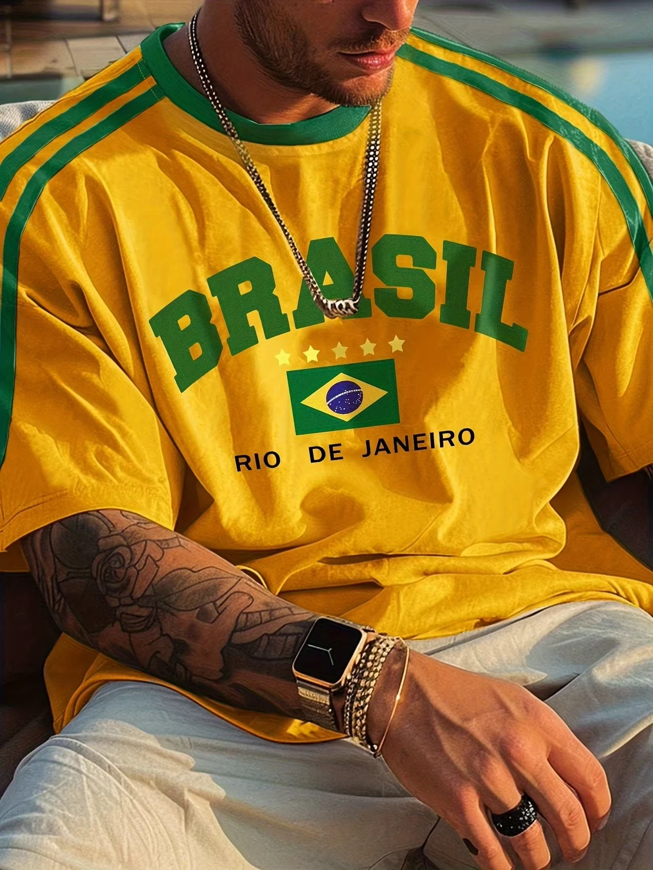 Brazilian Style Casual Men's Short Sleeve T-Shirt 3D Printed Crew Neck Pullover for Summer Outdoor Activities and Daily Wear