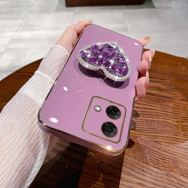 

Fashion Diamond Heart Case For Motorola Moto G52 G10 G50 G60 G30 G32 G82 G84 G22 G20 G54 G72 E13 E20 E22 Plating Bracket Cover