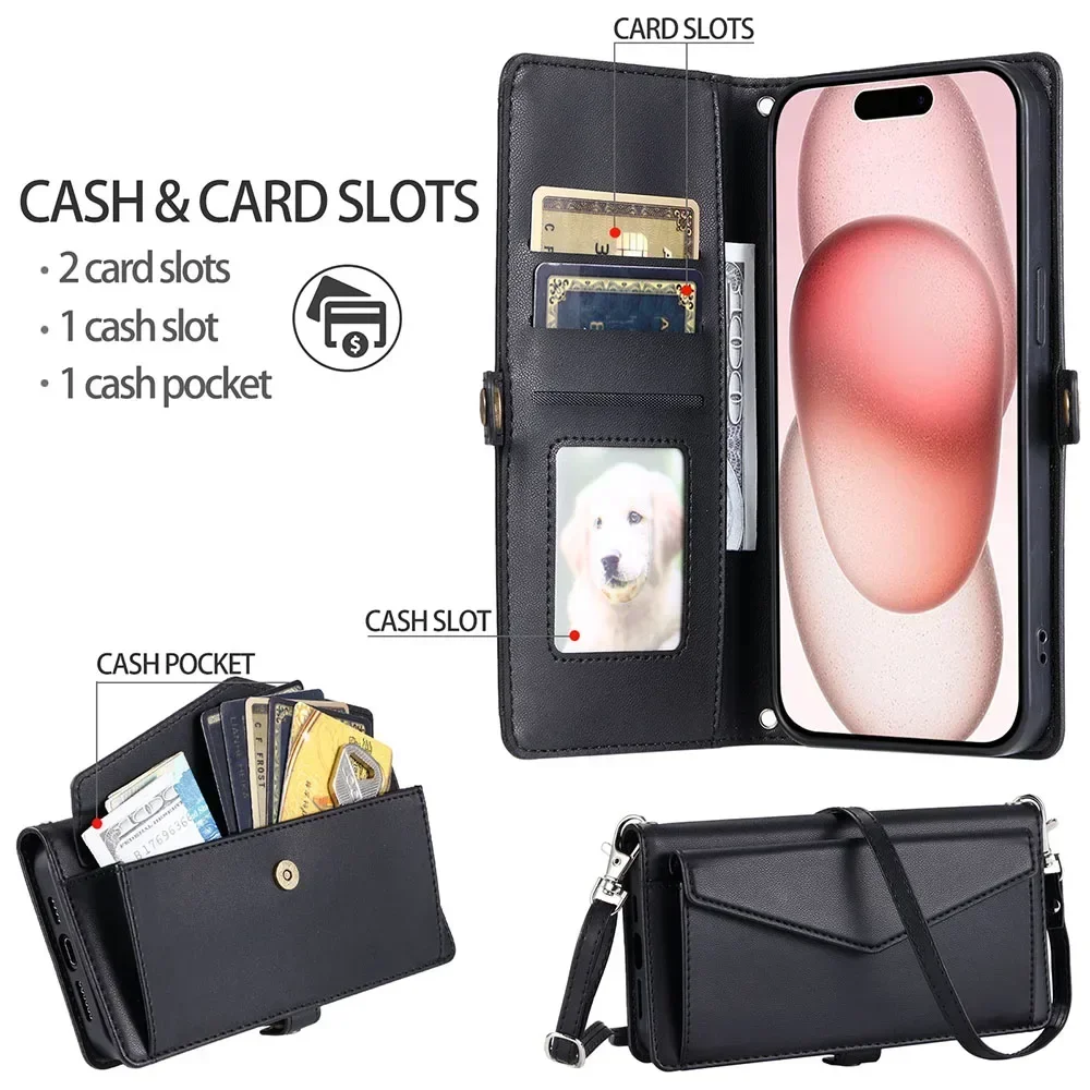 Versatile Multi Card Slots Wallet Case with Strap and Cash Pocket, Flip Cover Design