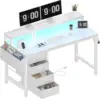 White Desk with 4 Drawers - 47 inch Gaming Desk with Monitor Stand, Computer Gaming Desk with LED Lights Power Outlets 1