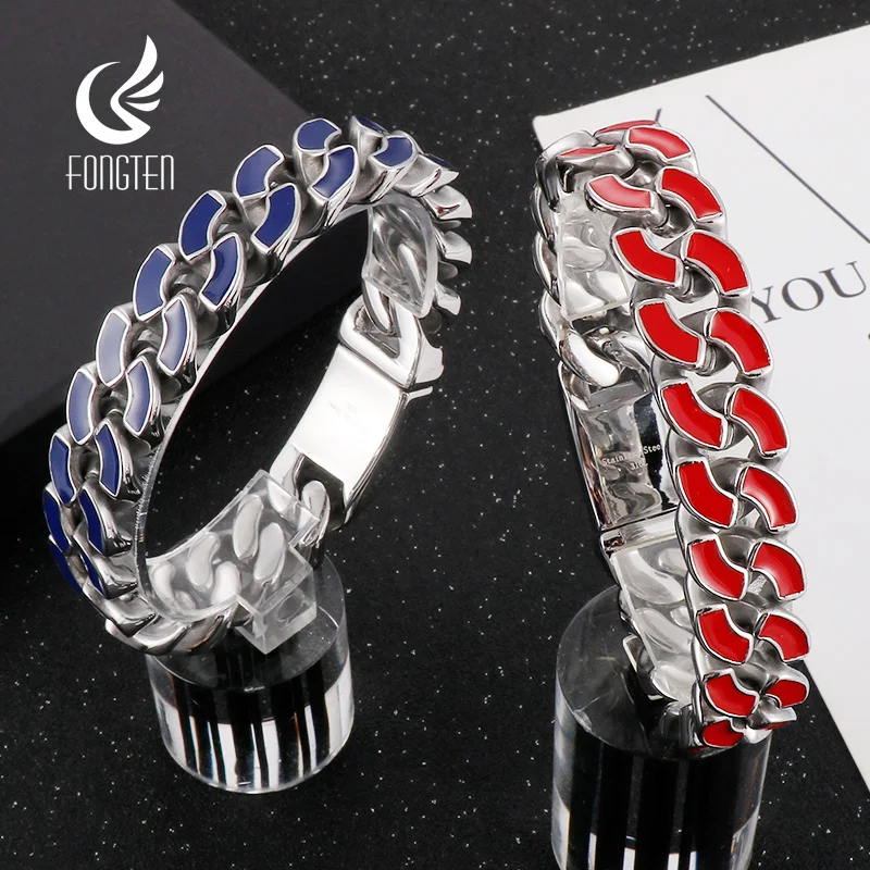 

Fongten 21.5cm Crub Bracelets For Men Stainless Steel Red Blue Color Cuban Chain Charm Men's Wristband Bracelet Bangle Jewelry
