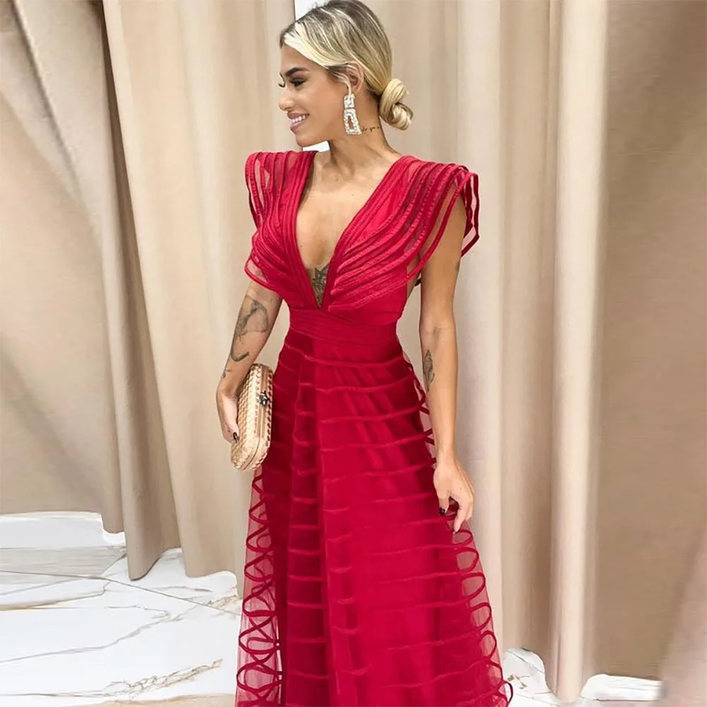 

Meetlove Elegant Prom Dresses V-Neck Cap Sleeves A-Line Saudi Arabic Women Party Evening Gowns Special Occasion Dress 2023