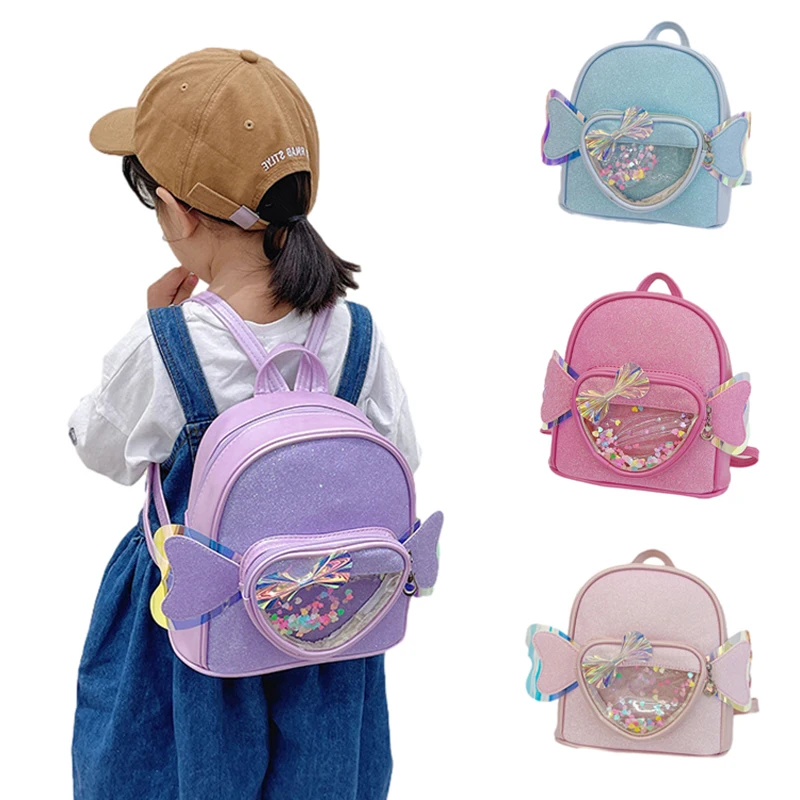 Kids Girls Backpack Heart Wing Pu Leather Korean Children's School Bags Fashion Portable Kindergarten Primary Big