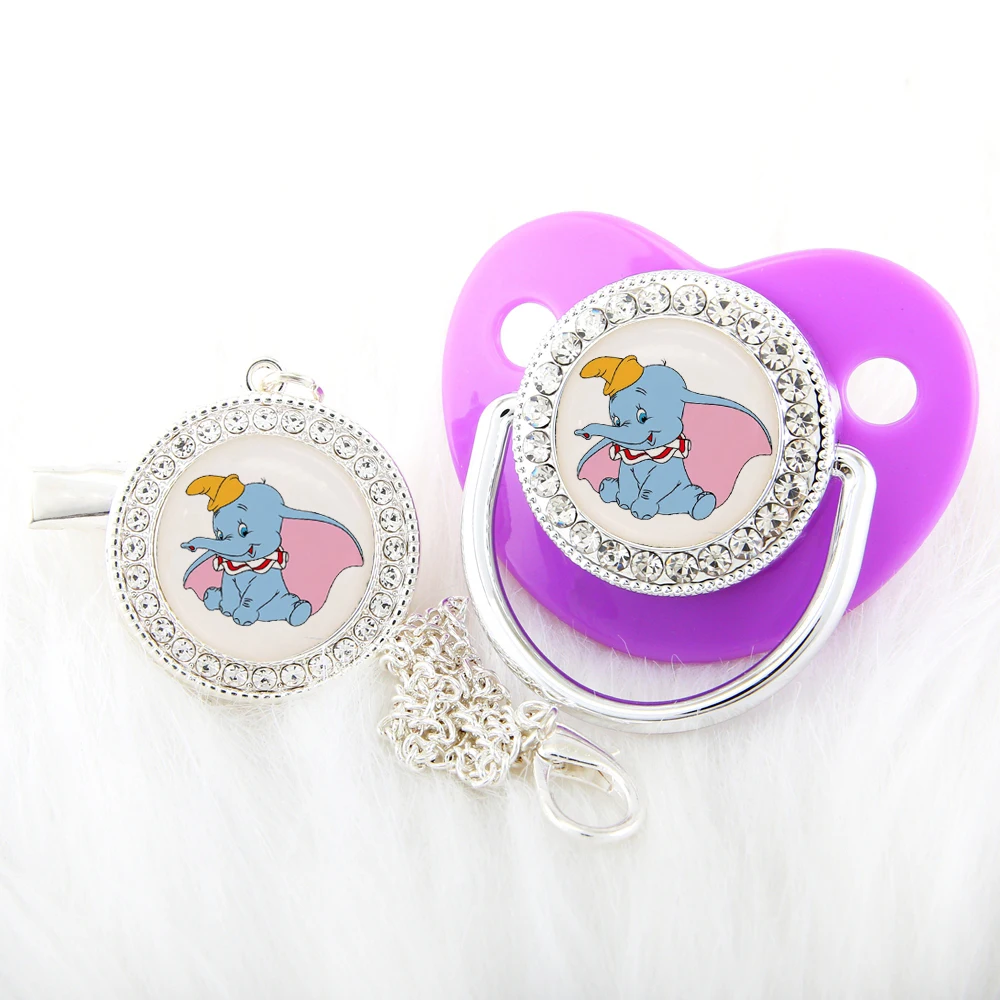 Disney Dumbo Baby Pacifier With Chain Clip Food Grade Silicone Infant Dummy Nipple Bling Rhinestones Newborn Soother Unique Gift baby milk powder scoop