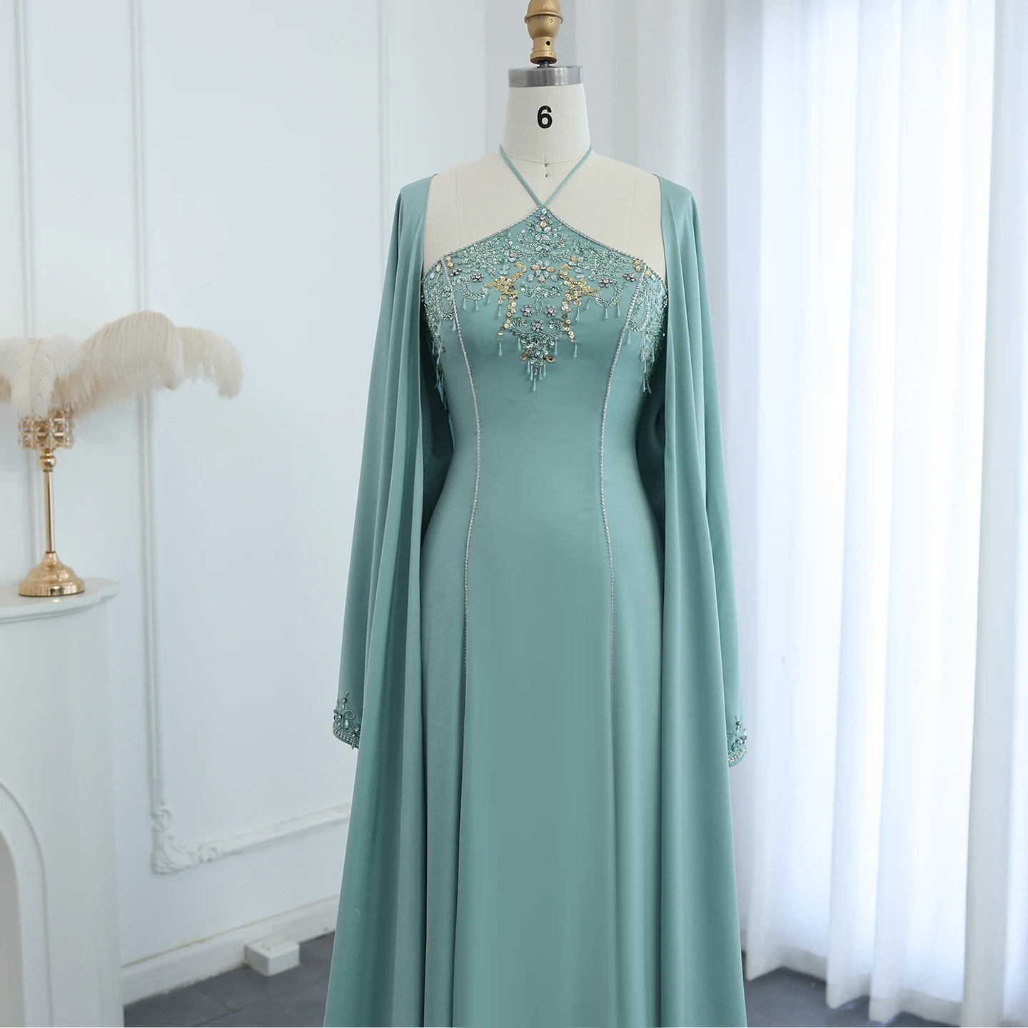 Sharon Said Luxury Saudi Arabic Sage Green Halter Evening Dresses with Cape  for Dubai Wedding Formal Party Gown SS301 Customized - AliExpress 320