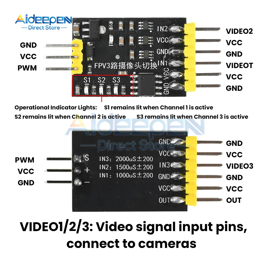 Installation du commutateur vidéo 3 canaux PWM 5-12V dans un drone FPV RC, câblage visible.