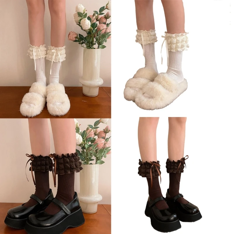 

2PCS Ballet Socks with Bows Lace Top Sock Ruffle Ankle Socks Sweet Frilly Socks