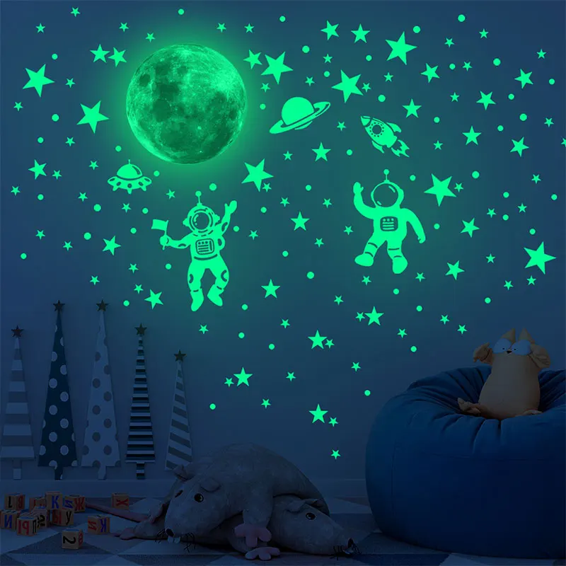 Luminous Moon Stars Astronaut Ceiling Wall Stickers The Dark Glowing Stars Planet Spaceship Bedroom Home DIY Decoration